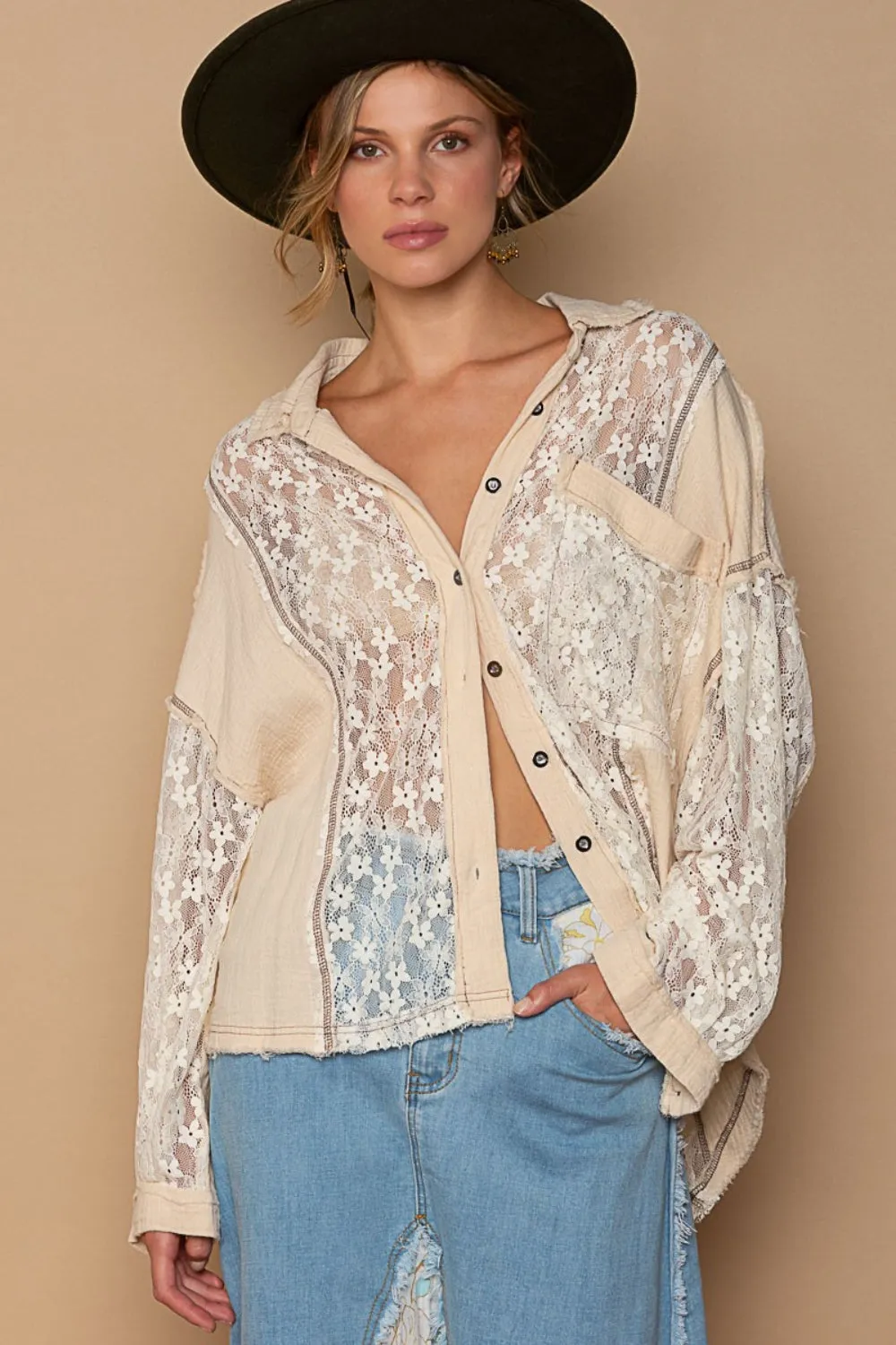 POL Oversize Lace Button-Down Shirt for Trendy Style