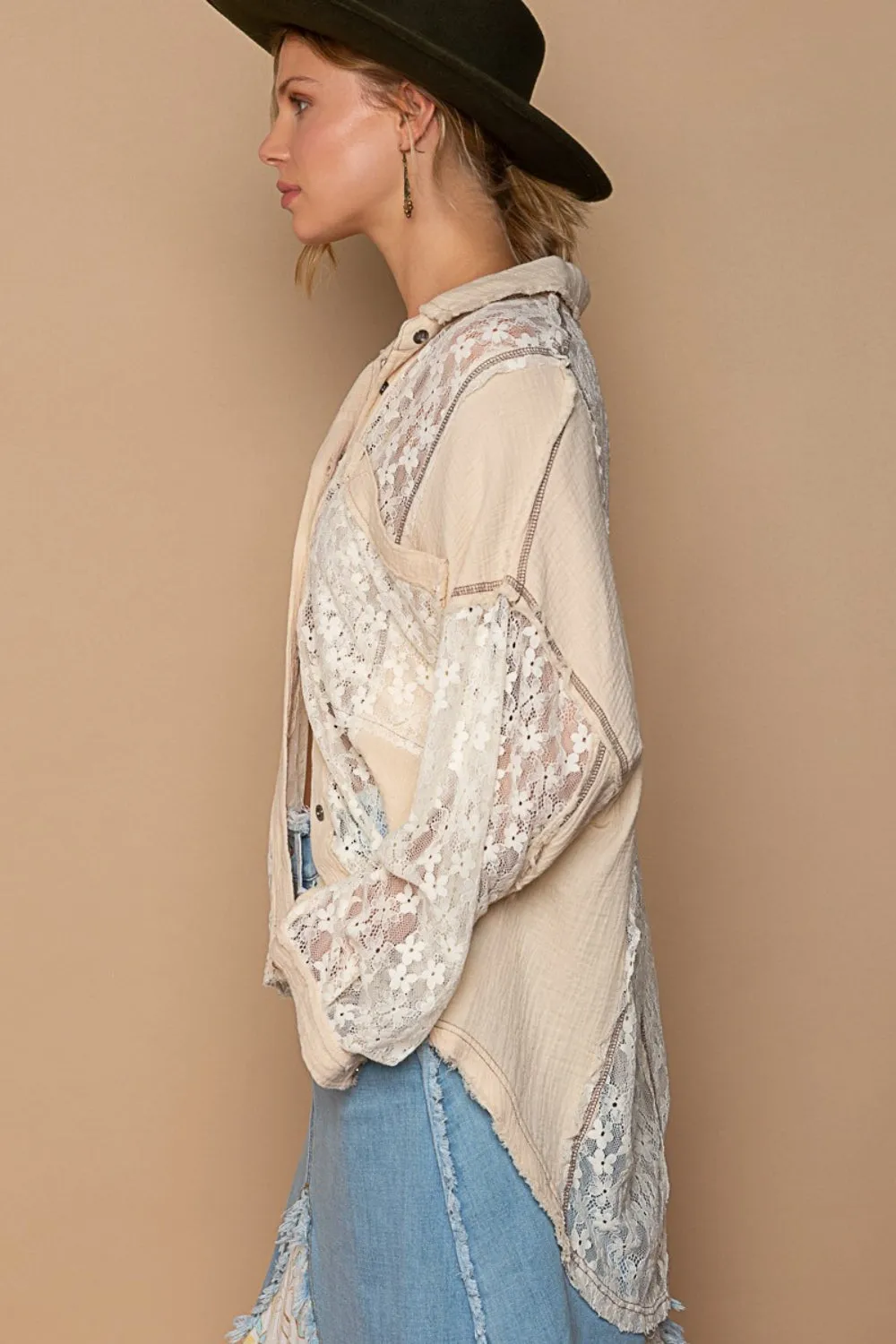 POL Oversize Lace Button-Down Shirt for Trendy Style