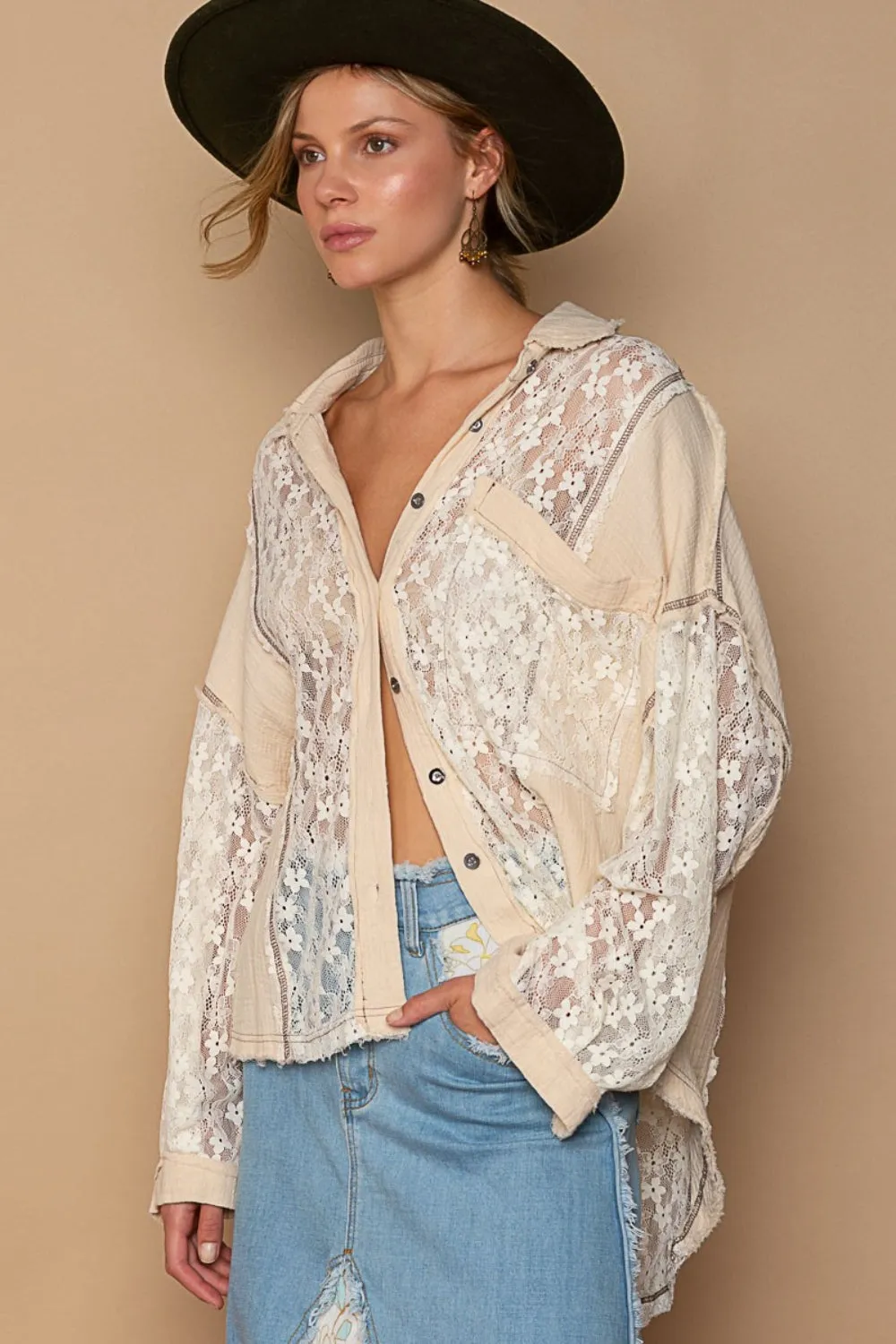 POL Oversize Lace Button-Down Shirt for Trendy Style