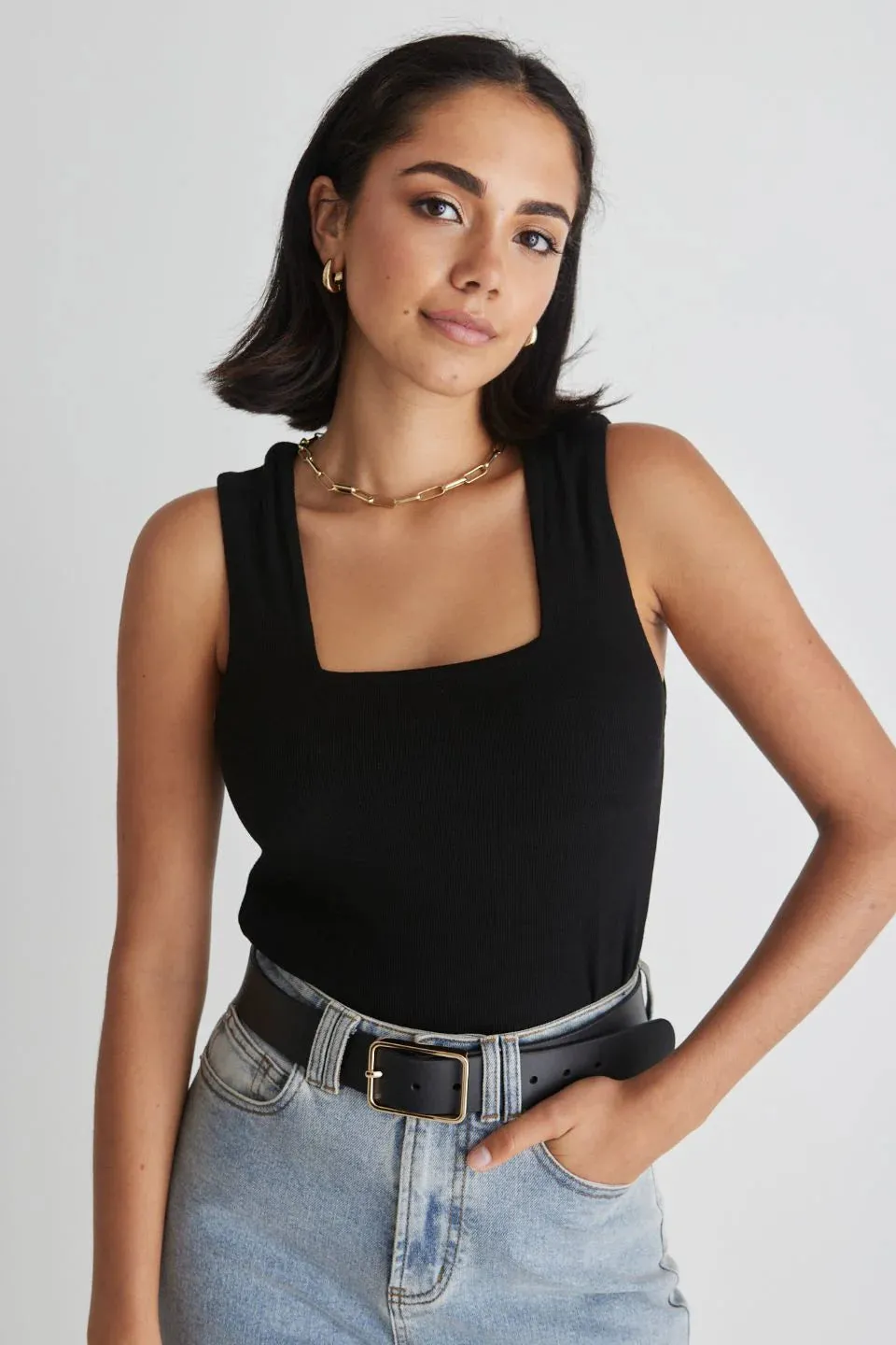 Positive Black Rib Square Neck Tank