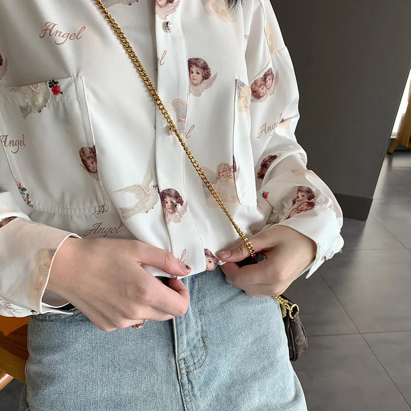 "ANGEL PRINT CHIFFON LONG SLEEVE" SHIRT D042702