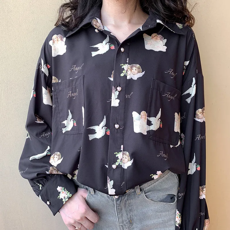 "ANGEL PRINT CHIFFON LONG SLEEVE" SHIRT D042702