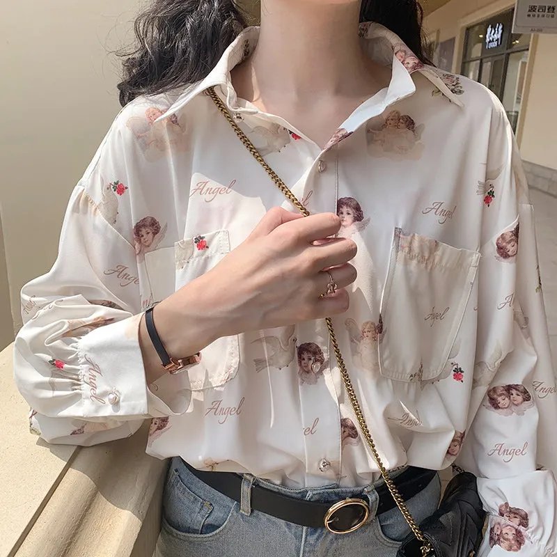 "ANGEL PRINT CHIFFON LONG SLEEVE" SHIRT D042702