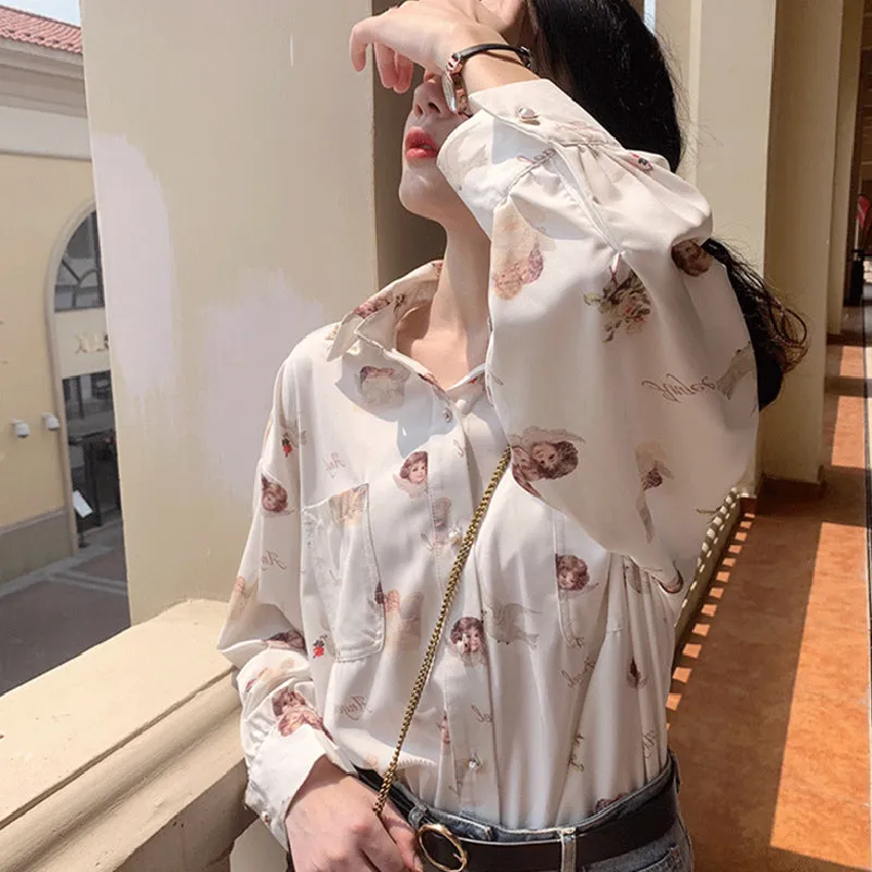 "ANGEL PRINT CHIFFON LONG SLEEVE" SHIRT D042702
