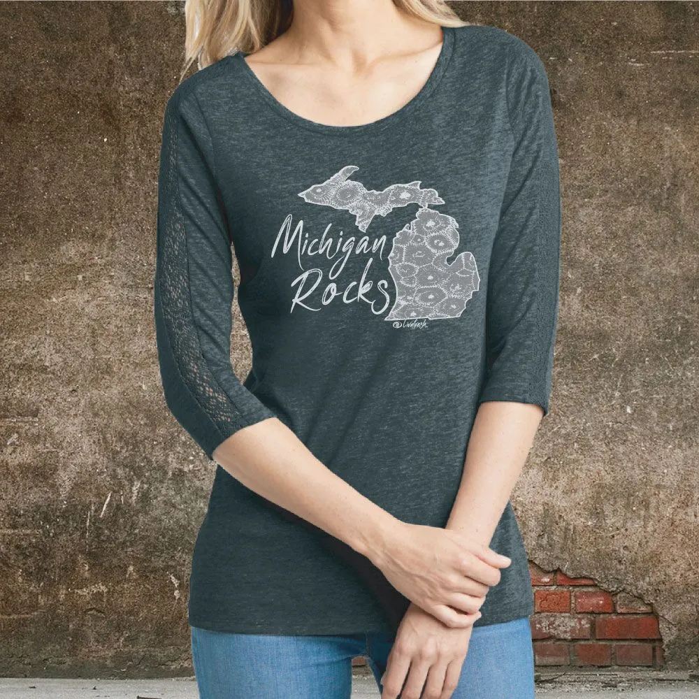 "Michigan Rocks Petoskey Stone" Women's 3/4 Lace Sleeve Tee