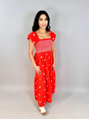Red Gauze Midi w/ White Embroidered Flowers