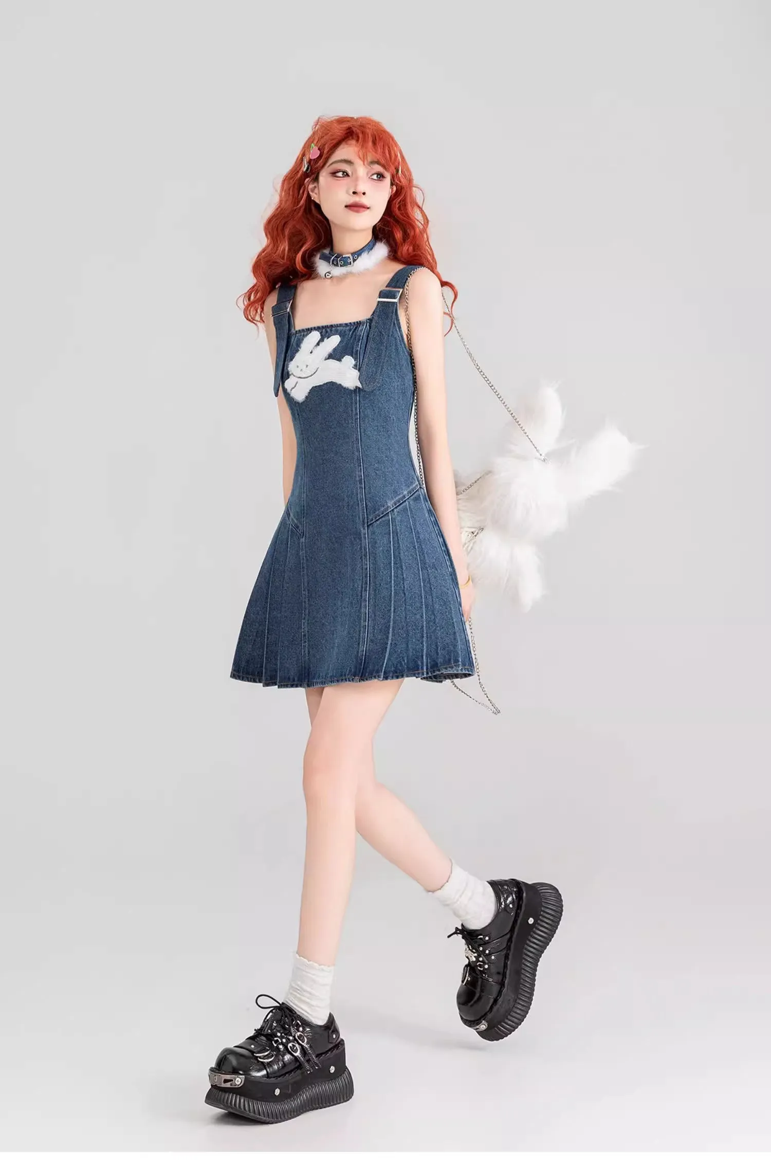 Retro Bunny Denim Suspender Dress