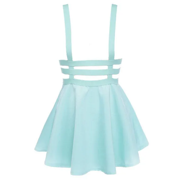 Retro Hollow Mini Skater Cute Women Suspender Clothes Straps High Waist Skirt