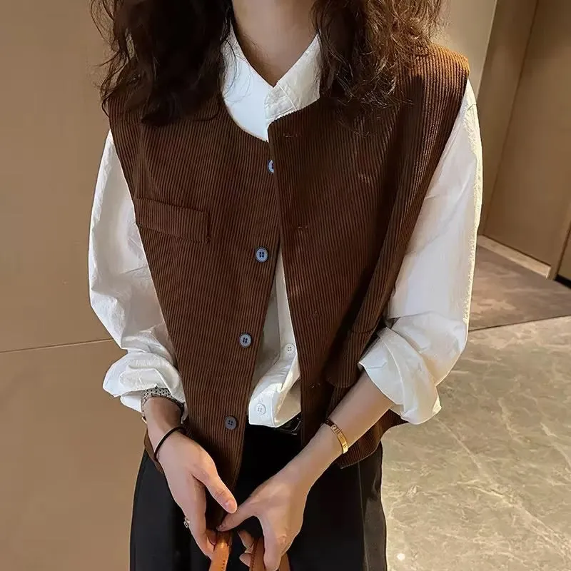 Retro O-Neck Corduroy Vest Sleeveless Sweater