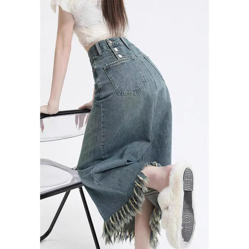 Retro Slit Tassel Denim Skirt