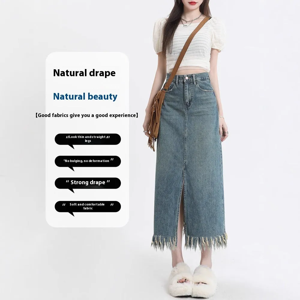 Retro Slit Tassel Denim Skirt