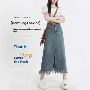 Retro Slit Tassel Denim Skirt