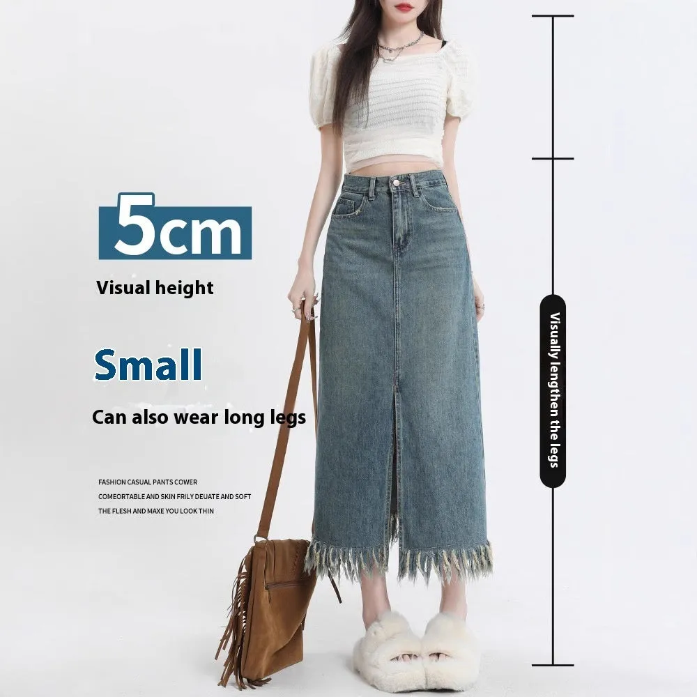 Retro Slit Tassel Denim Skirt