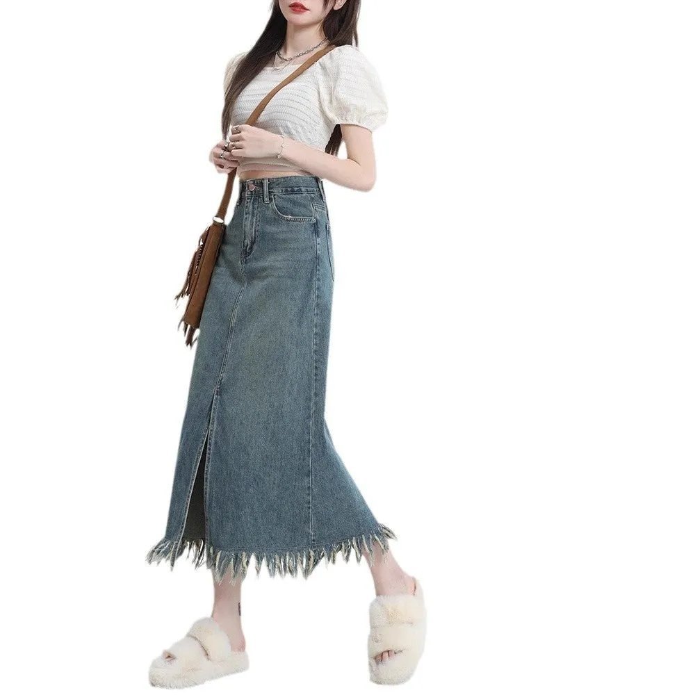 Retro Slit Tassel Denim Skirt