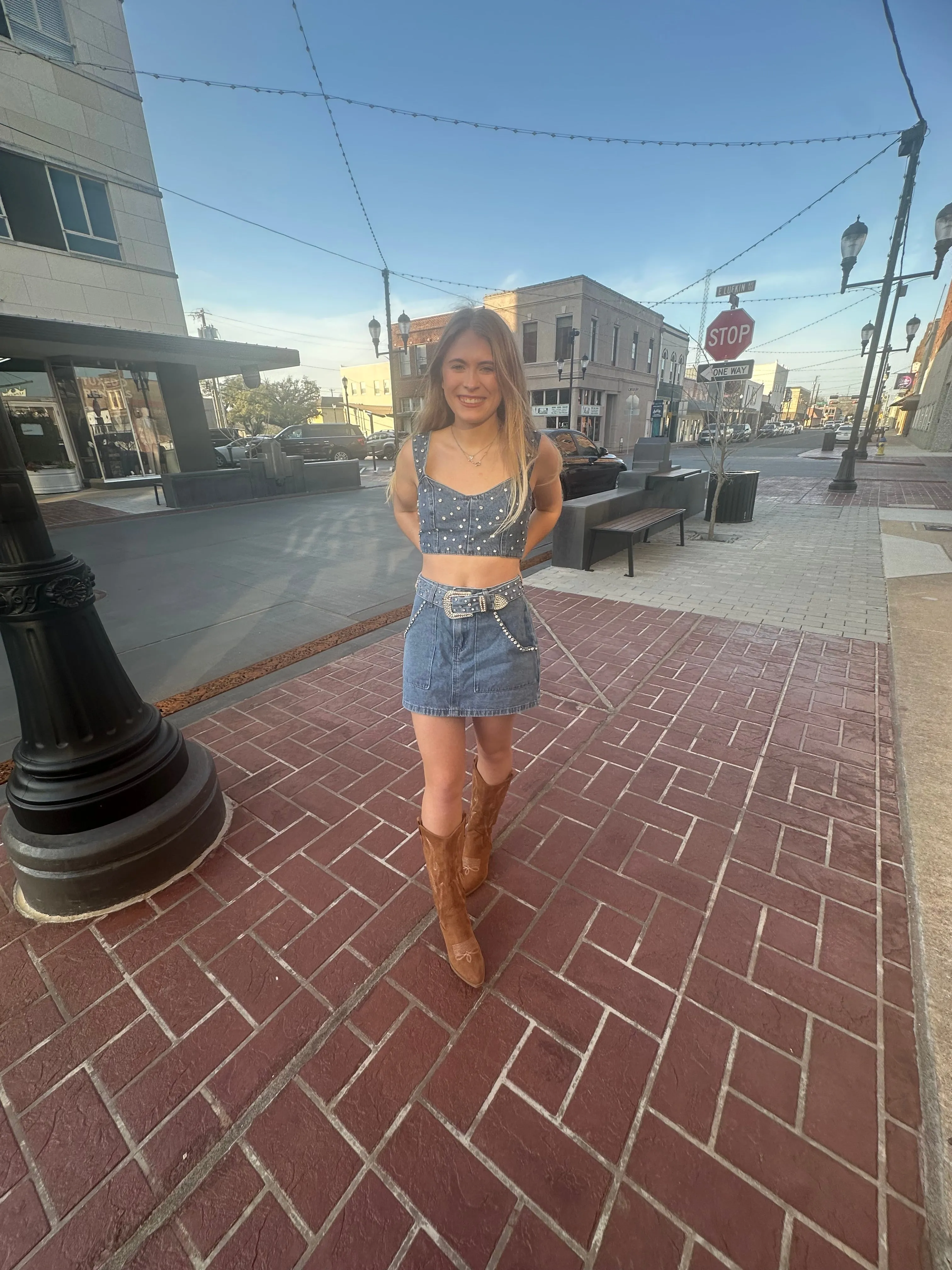 Rhinestone Cowgirl Skirt: Medium Wash Denim