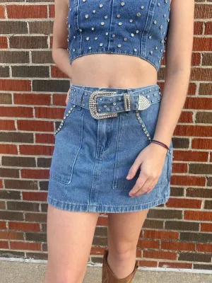 Rhinestone Cowgirl Skirt: Medium Wash Denim