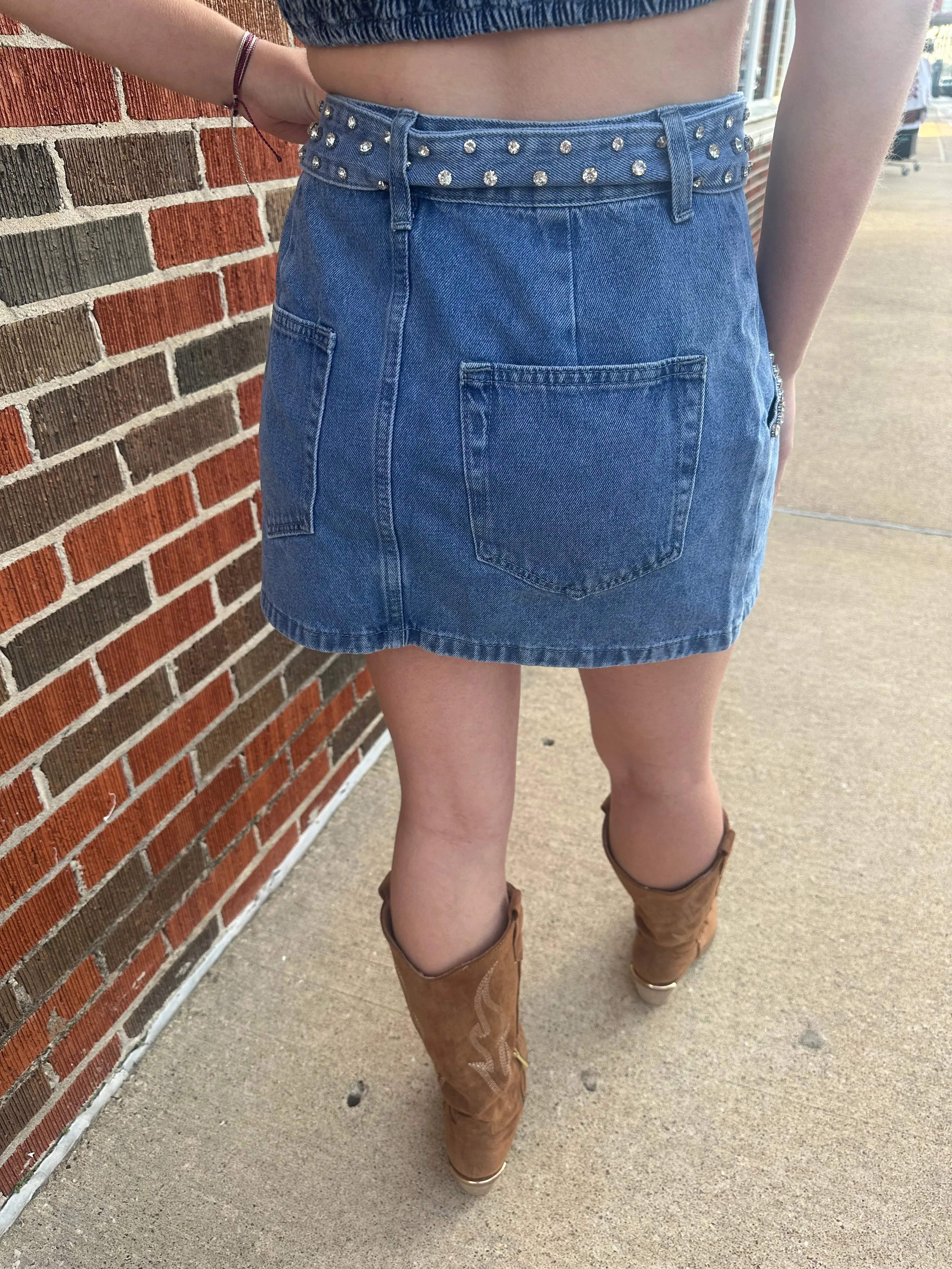 Rhinestone Cowgirl Skirt: Medium Wash Denim