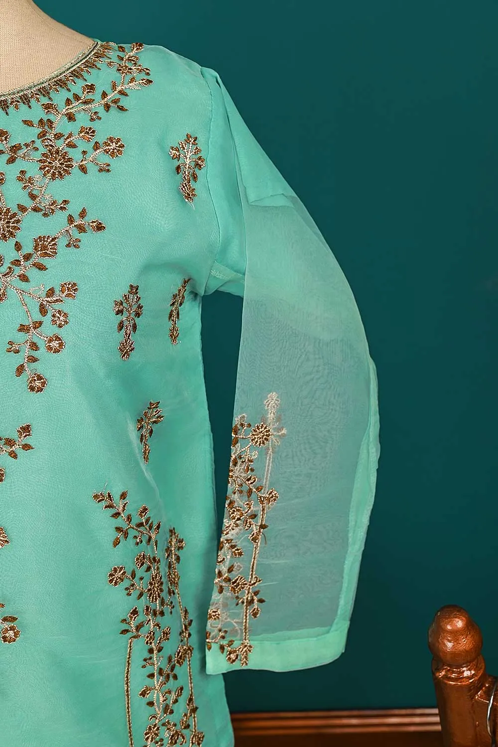 RTW-139-SeaGreen - 3Pc Stitched Organza Dress