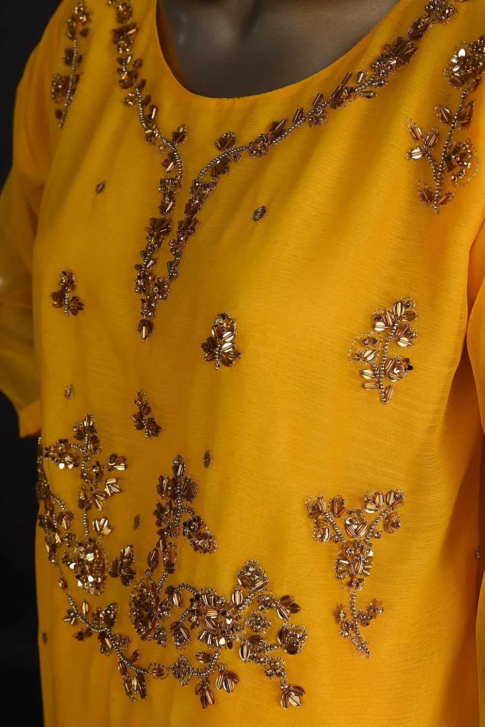 RTW-173-Yellowish Mustard - 3Pc Ready to Wear Embroidered Adda Work Chiffon Dress