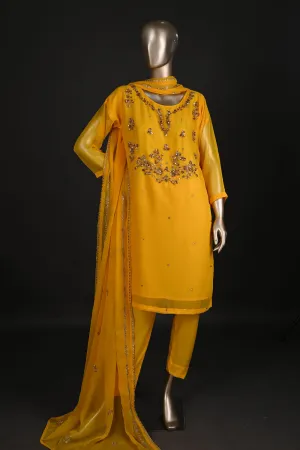 RTW-173-Yellowish Mustard - 3Pc Ready to Wear Embroidered Adda Work Chiffon Dress