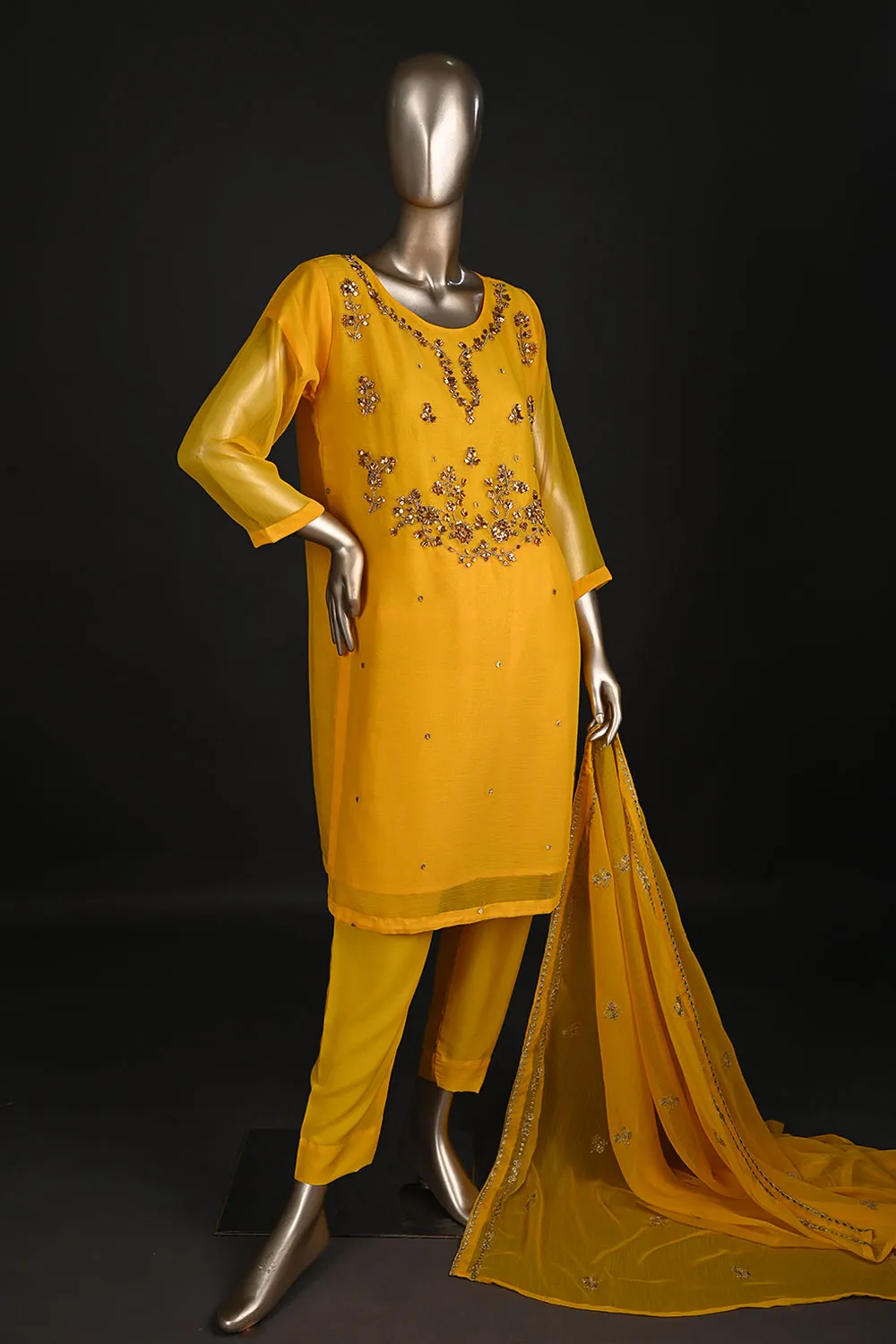 RTW-173-Yellowish Mustard - 3Pc Ready to Wear Embroidered Adda Work Chiffon Dress