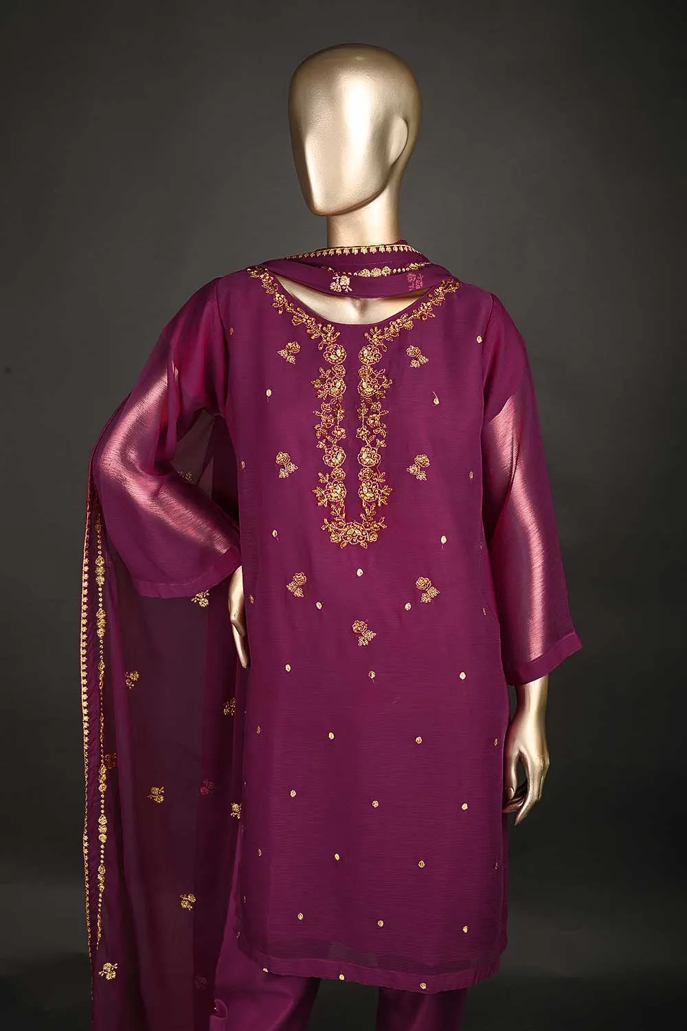 RTW-181-Fuchsia - 3PC Ready to Wear Chiffon Adda Work Dress