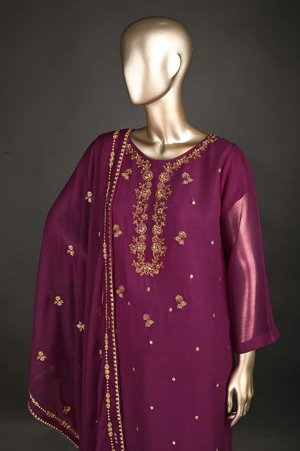 RTW-181-Fuchsia - 3PC Ready to Wear Chiffon Adda Work Dress