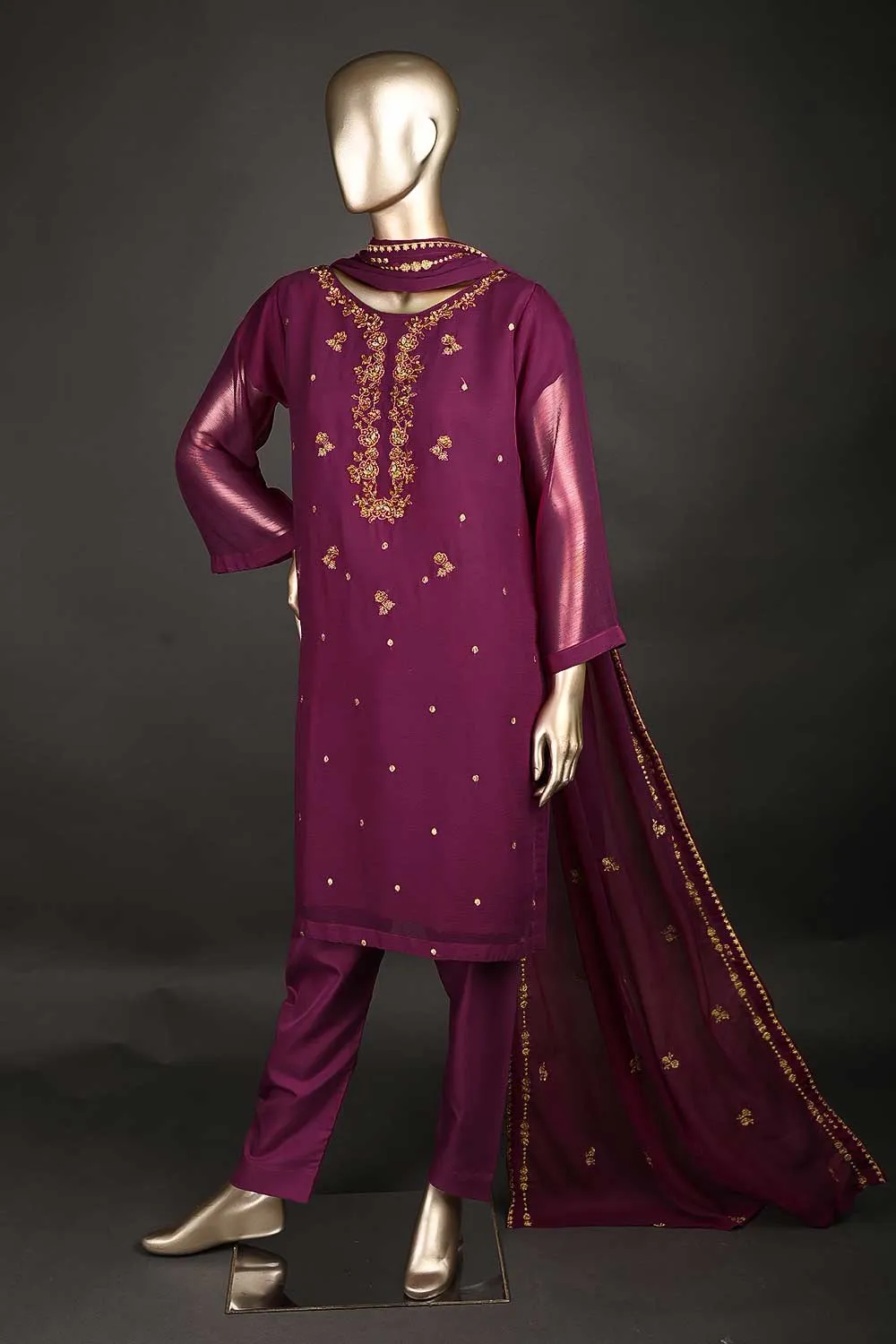 RTW-181-Fuchsia - 3PC Ready to Wear Chiffon Adda Work Dress