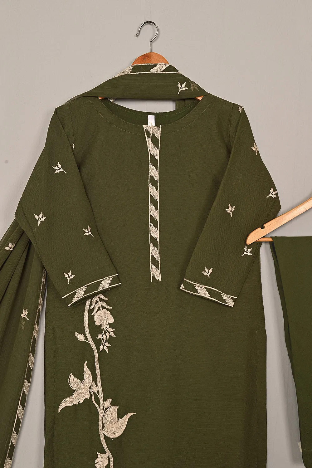 RTW-199-mehndi -  3Pc Ready to Wear Embroidered Chiffon Dress
