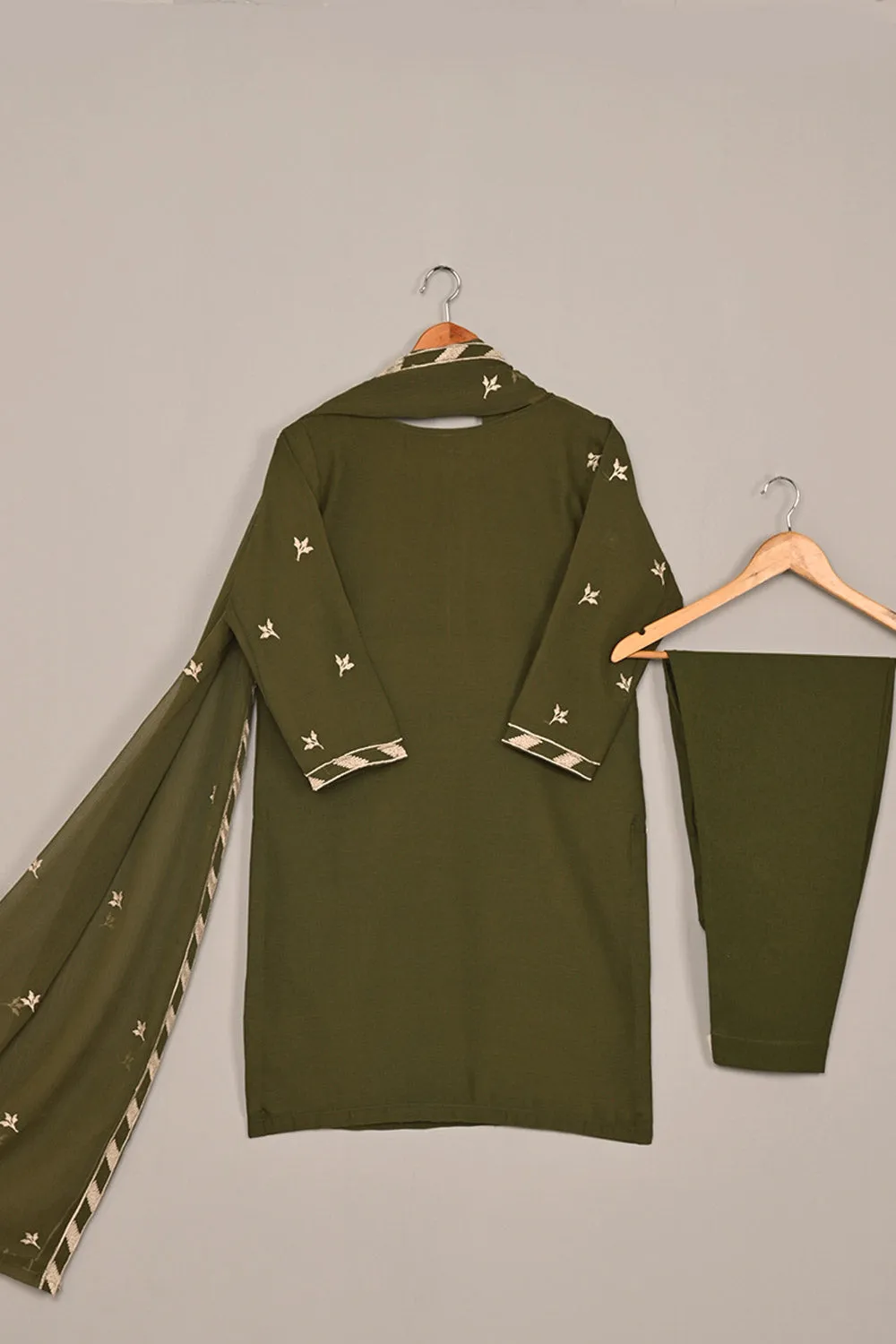 RTW-199-mehndi -  3Pc Ready to Wear Embroidered Chiffon Dress