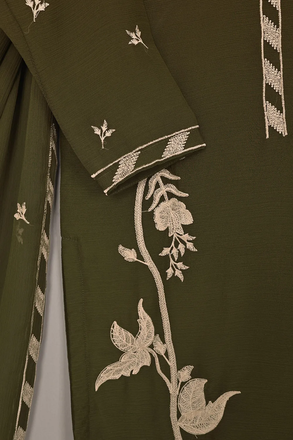 RTW-199-mehndi -  3Pc Ready to Wear Embroidered Chiffon Dress
