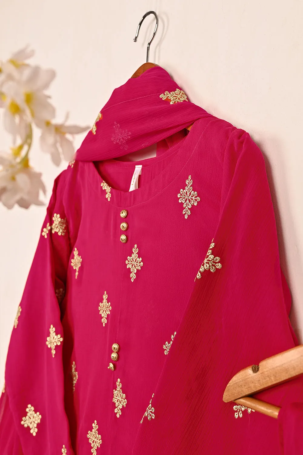 RTW-211-Fuchsia -  3Pc Ready to Wear Embroidered Chiffon Dress