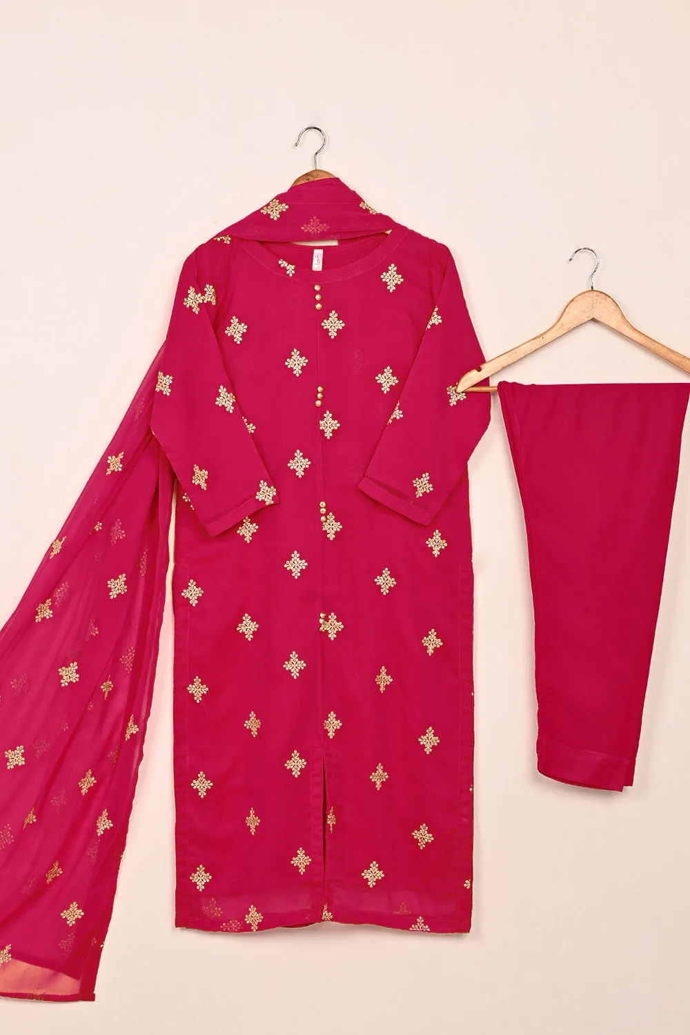RTW-211-Fuchsia -  3Pc Ready to Wear Embroidered Chiffon Dress