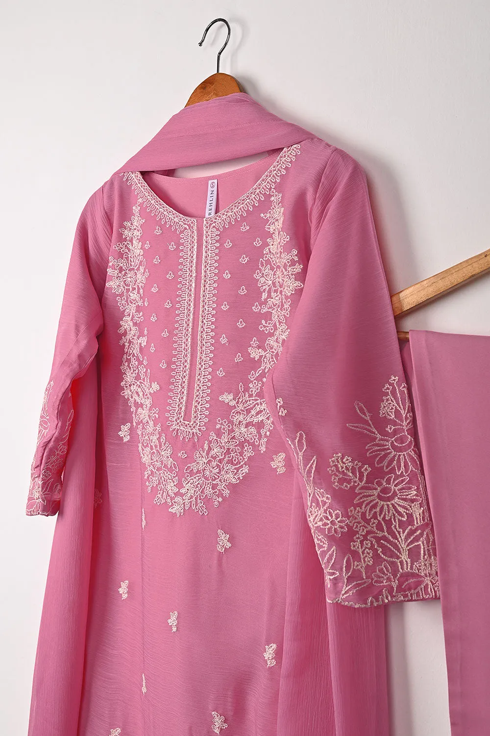 RTW-344-Pink -  3Pc Ready to Wear Embroidered Chiffon Dress