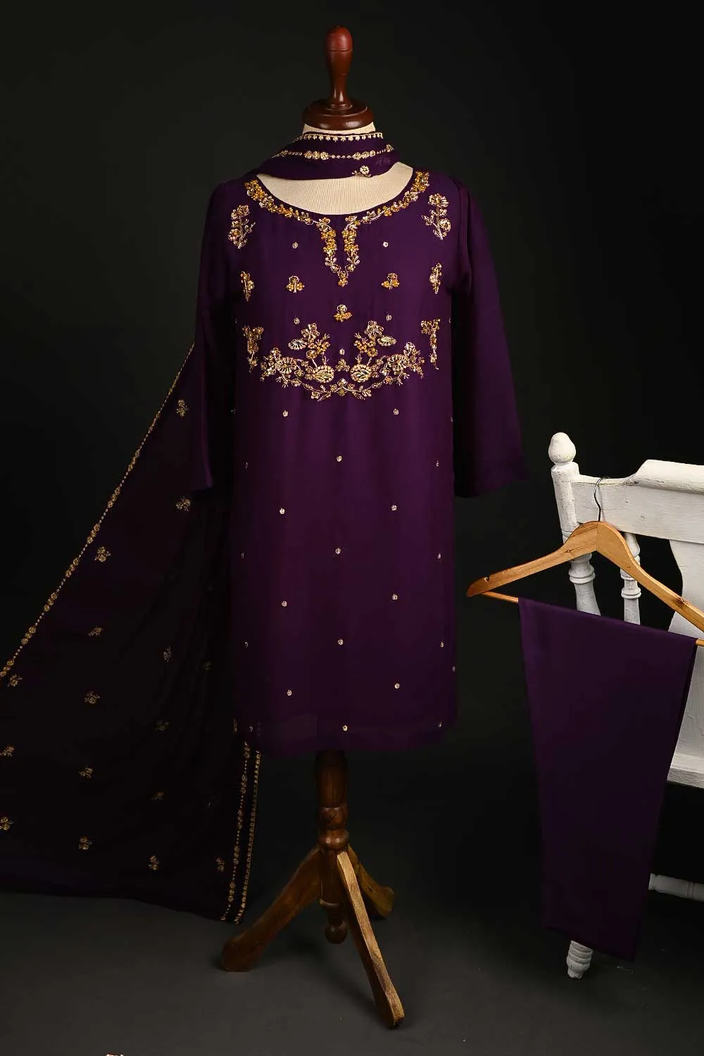 RTW-87-Purple -  3Pc Stitched Embroidered Adda Work Chiffon Shirt