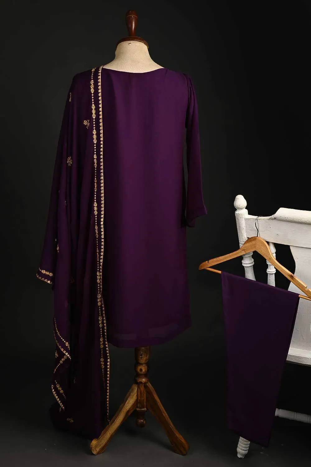 RTW-87-Purple -  3Pc Stitched Embroidered Adda Work Chiffon Shirt