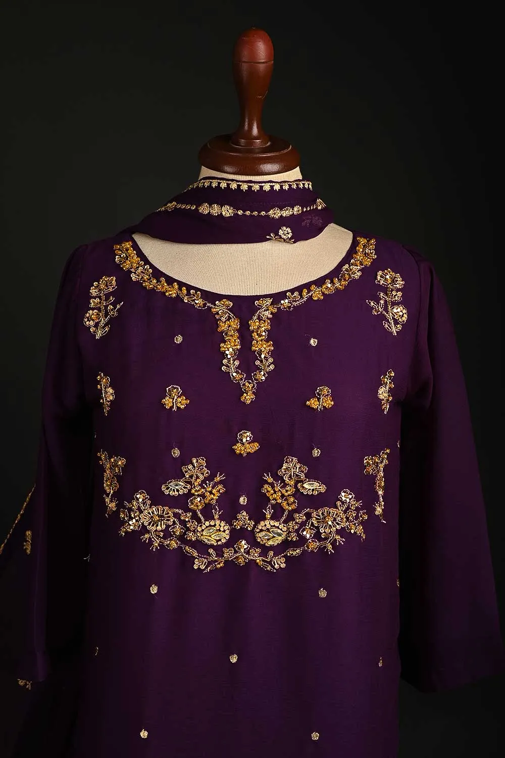 RTW-87-Purple -  3Pc Stitched Embroidered Adda Work Chiffon Shirt