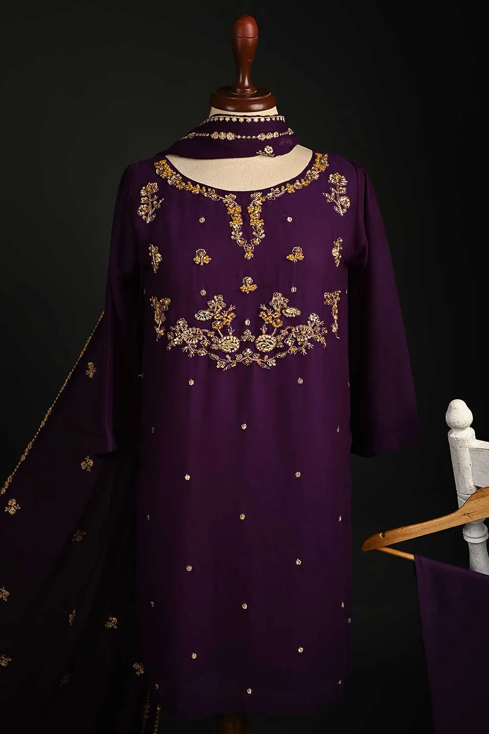 RTW-87-Purple -  3Pc Stitched Embroidered Adda Work Chiffon Shirt