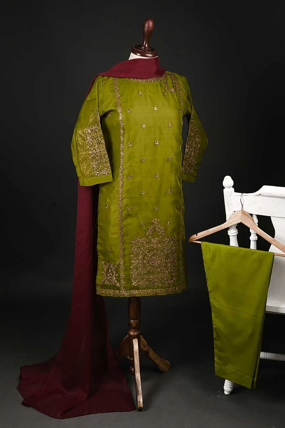 RTW-91-Moss - 3Pc Stitched Embroidered Organza Dress
