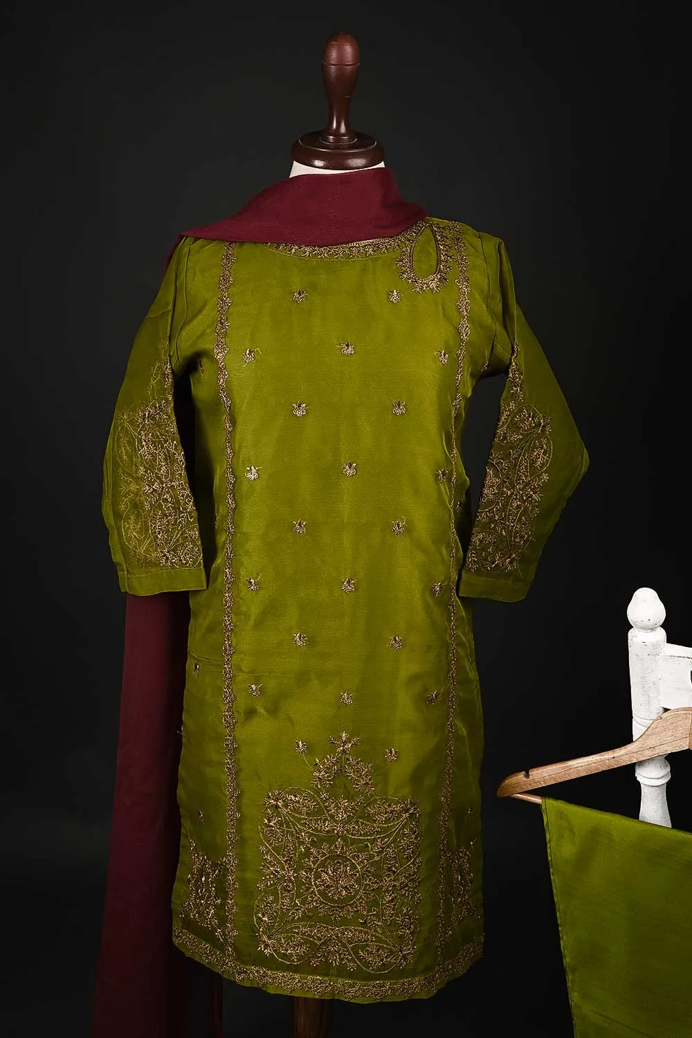 RTW-91-Moss - 3Pc Stitched Embroidered Organza Dress
