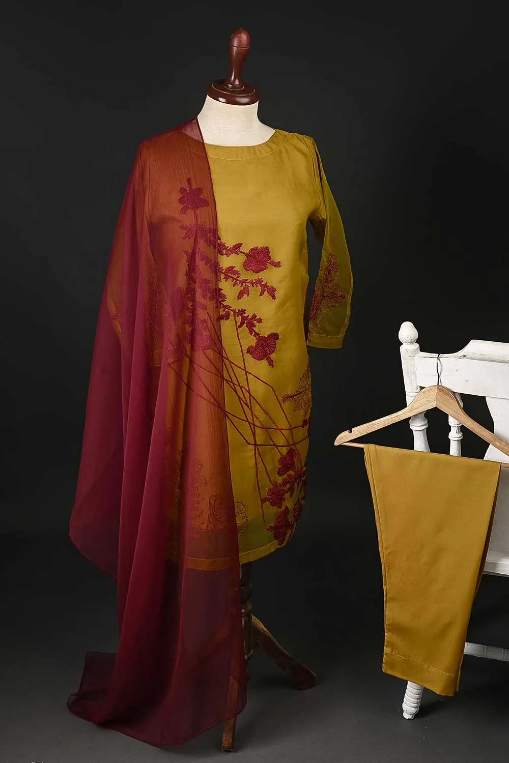 RTW-98-Mustard - 3Pc Stitched Embroidered Organza Dress
