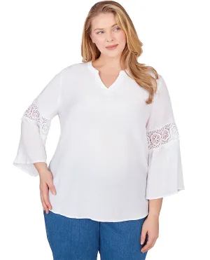 Ruby Road Split V-Neck Lace Inset 3/4 Sleeve Woven Gauze Top