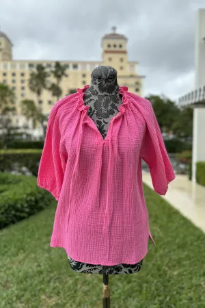 Ruffle Neck Cotton Top in Neon Pink