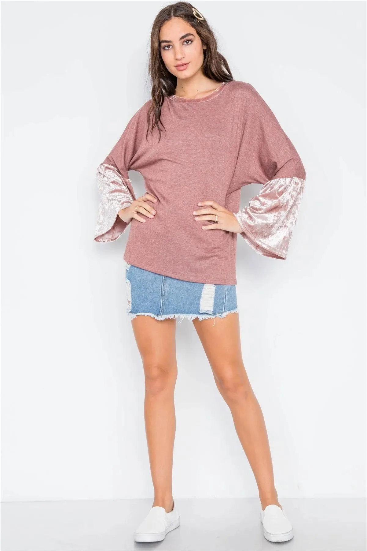 Rust Combo Velvet Sleeves Sweater /1-2-1