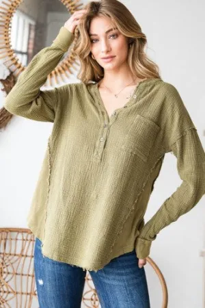 Rust Washed Gauze Henley Tunic Top