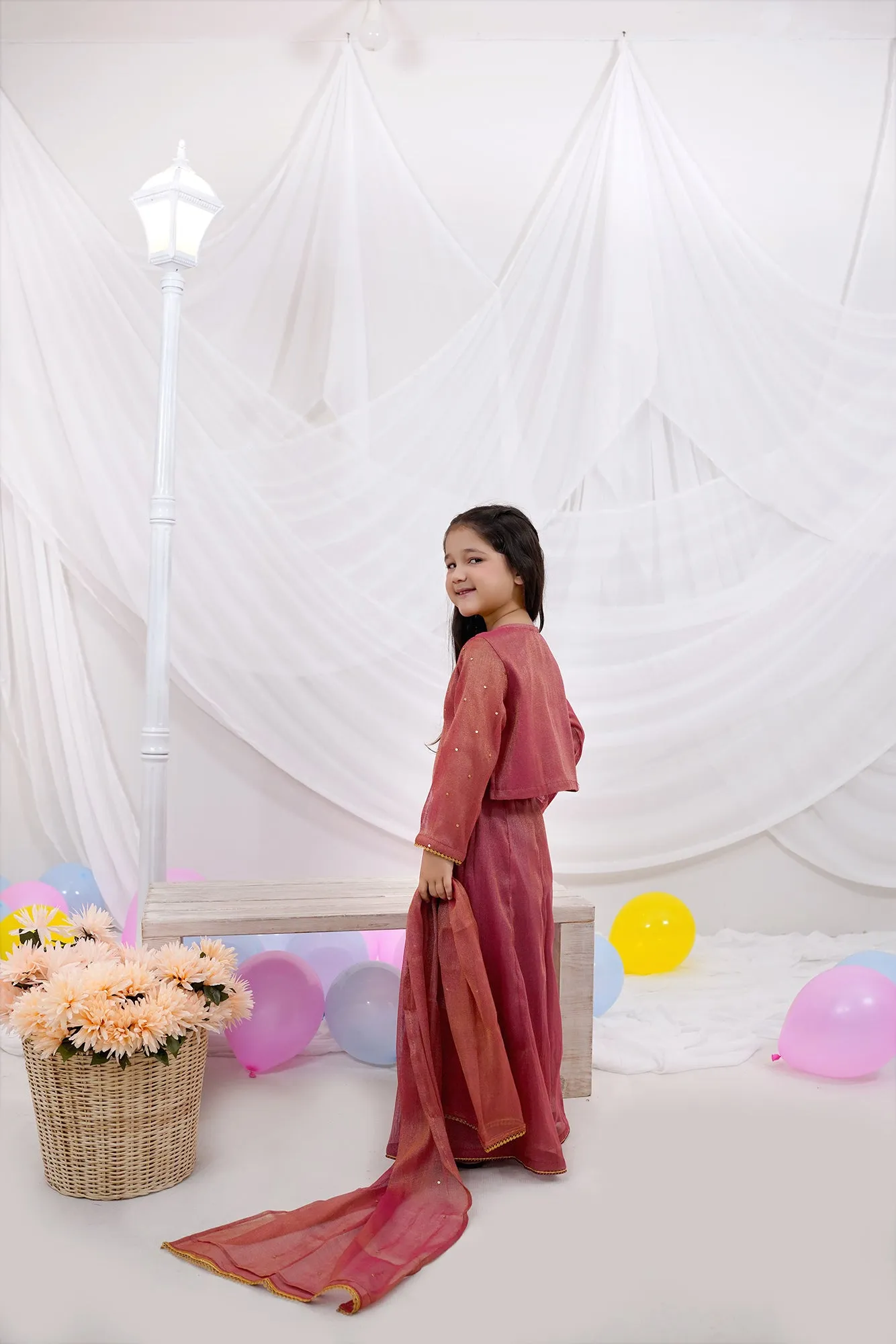 Salmon Yam Rust Masoori 3-Piece Set with Embellished Shirt & Chiffon Dupatta