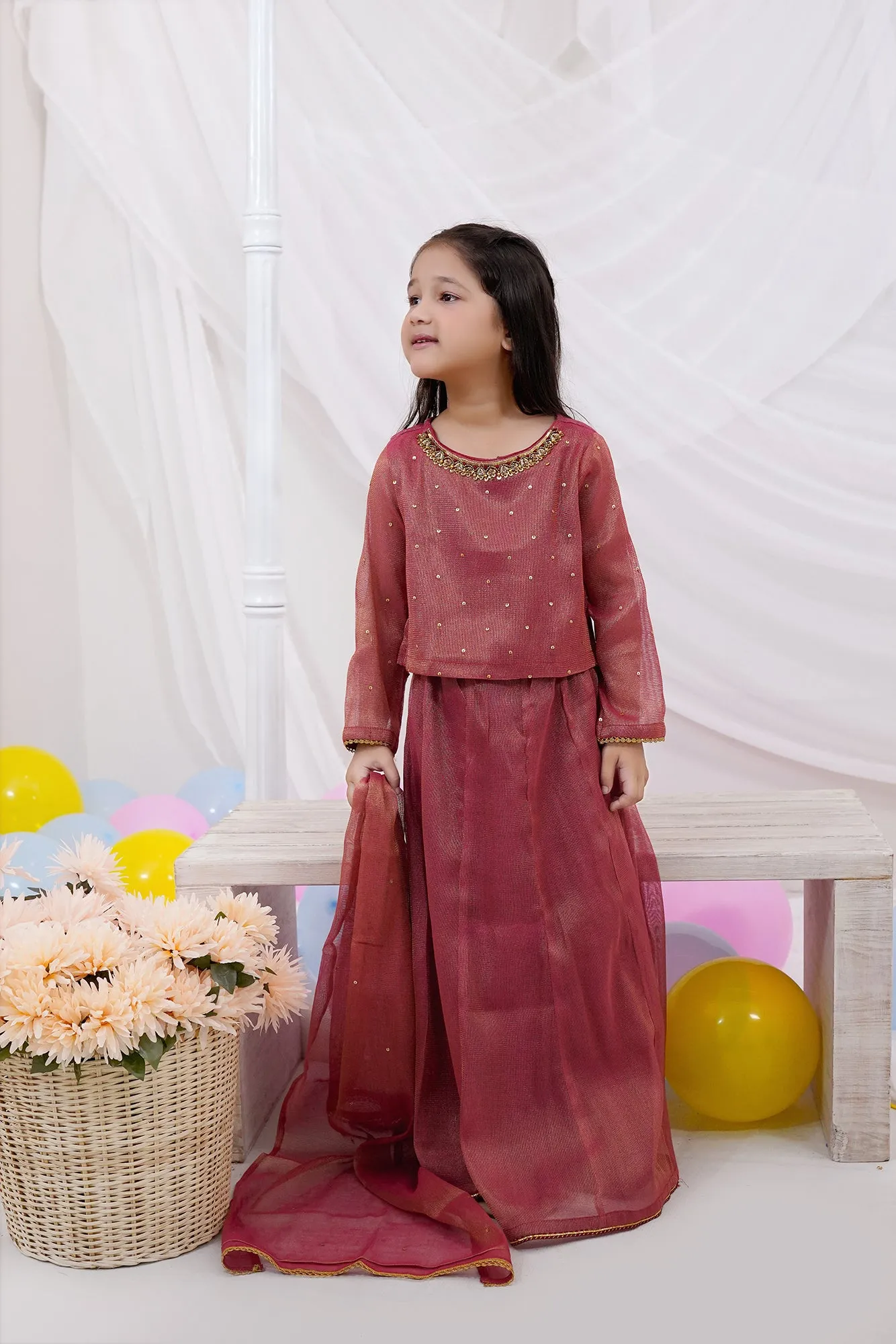 Salmon Yam Rust Masoori 3-Piece Set with Embellished Shirt & Chiffon Dupatta