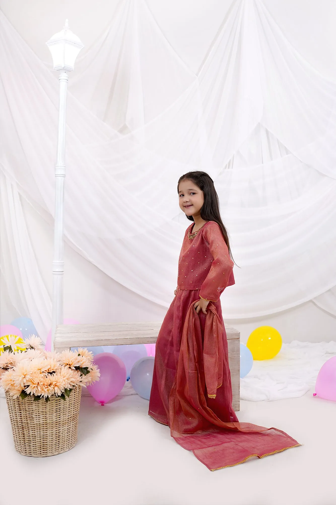 Salmon Yam Rust Masoori 3-Piece Set with Embellished Shirt & Chiffon Dupatta