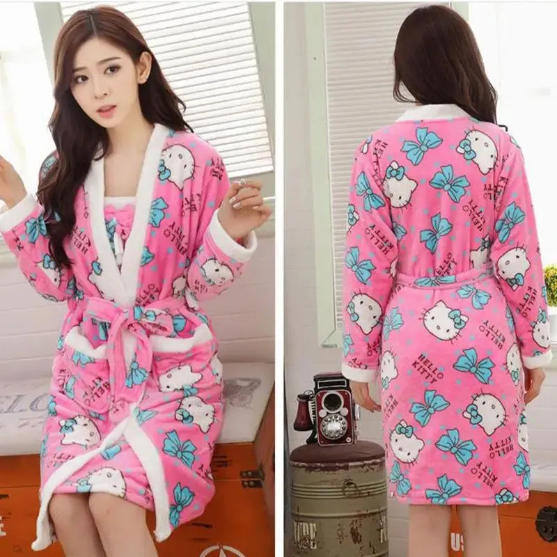Sanrios Hello Kittys Women's Pajamas Plush Fluffy Sleeping Robe and Skirt Female Coral Velvet Pajama Dress Sleeping Bathrobe Set