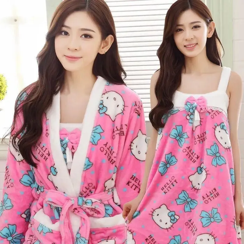 Sanrios Hello Kittys Women's Pajamas Plush Fluffy Sleeping Robe and Skirt Female Coral Velvet Pajama Dress Sleeping Bathrobe Set